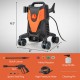 2400 PSI electric pressure washer in orange with 4 wheels, nozzles, and soap bottle for versatile cleaning tasks.