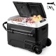 Dual zone 12V car refrigerator in black with fruits, featuring a powerful compressor and portable design for outdoor.