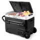 Dual zone 12V car refrigerator in black with LED touch panel, wheels, and cup holders, ideal for camping and outdoor.