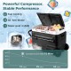 Dual zone 12V car refrigerator in black with LED touch panel, ideal for camping and outdoor use, cools to 32°F in 10.