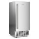 Under counter nugget ice maker in silver with 80 lbs daily capacity, self-cleaning, and clear LCD control panel.