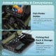 Fish finder holder and fishing rod rack on a portable green fishing boat, designed for efficient gear organization.