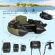 Portable fishing boat in green with detachable storage boxes, featuring rod holders and adjustable fish finder mount.