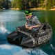 Inflatable fishing float tube in camouflage with adjustable backrest, paddle, and storage net for fishing adventures.