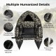 Inflatable fishing float tube in camouflage with adjustable backrest, pockets, and comfortable seat for fishing.