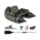 Inflatable fishing float tube in camouflage with adjustable backrest, paddle, and storage net for fishing convenience.