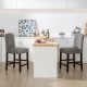 Gray fabric counter height dining side chairs with rubberwood legs and nail head design, perfect for kitchens or bars.