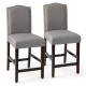 Gray fabric counter height dining side chairs set with rubberwood legs and nail head detailing for stylish seating.