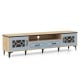 Farmhouse TV stand in oak and gray with 2 drawers, 2 cabinets, and open compartment for TVs up to 80 inches.