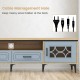 Farmhouse TV stand with cable management hole, featuring oak and gray finish, designed for TVs up to 80 inches.