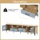 Farmhouse TV stand in oak and gray with two drawers and cabinets, designed for TVs up to 80 inches, featuring cable.