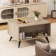 Modern coffee table with natural wood texture, storage space, and sleek black legs for stylish living room decor.
