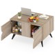 Farmhouse accent coffee table with storage, natural wood finish, featuring three cabinet doors for versatile living.