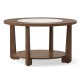 Round coffee table with 2-tone tabletop and open storage shelf, featuring solid rubber wood legs for living room use.