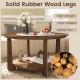 Round coffee table with solid rubber wood legs, featuring a 2-tone finish and open storage shelf for living room decor.