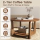 Round farmhouse accent coffee table with 2-tone finish, open storage shelf, and solid rubber wood legs for living room.