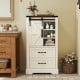 Freestanding wooden bathroom cabinet featuring a wide top for open storage, adjustable shelves, and two spacious.