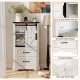 Freestanding white farmhouse bathroom cabinet with sliding barn door, adjustable shelves, and large drawers for.