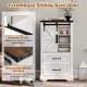 Freestanding white farmhouse bathroom cabinet with sliding barn door, adjustable shelves, and decorative metal corners.