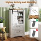 Freestanding white farmhouse bathroom cabinet with sliding barn door, adjustable shelves, and dual anti-toppling.