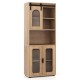 Farmhouse bathroom floor cabinet with sliding barn door, natural wood finish, featuring 2 cabinets and an open shelf.