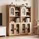 Farmhouse bathroom floor cabinet with sliding barn doors, natural wood finish, featuring open shelves and translucent.