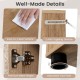 Detail shots of the farmhouse bathroom floor cabinet showing easy-to-clean surface, metal hinges, and adjustable foot.