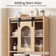 Farmhouse bathroom floor cabinet with sliding barn door, natural wood finish, featuring translucent door and open shelf.