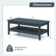 Farmhouse coffee table in blue with dimensions, featuring a thickened tabletop and spacious lower shelf for storage.