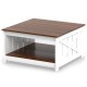 Square farmhouse coffee table with a white base and brown top, featuring a 2-tier storage shelf for versatile use.
