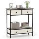 Farmhouse console table in gray with three drawers and open shelf, perfect for hallway or entryway storage.