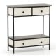 Farmhouse console table with gray finish, featuring 3 drawers and an open shelf for hallway or entryway storage.