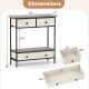 Farmhouse console table with gray finish, featuring 3 drawers and open shelf, ideal for hallway storage and display.