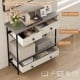 Farmhouse console table in gray with wide tabletop, 3 pull-out drawers, and open shelf for hallway storage.