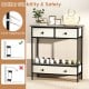 Farmhouse console table in gray with open storage shelf, three drawers, and anti-toppling kits for hallway organization.