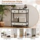 Farmhouse console table with gray finish, featuring 3 drawers and open shelf, perfect for living room or hallway.
