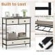 Farmhouse console table in gray with three drawers, open shelf, and heavy-duty metal frame for hallway storage.