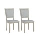 Set of 2 grey farmhouse dining chairs with fabric upholstery and vintage nailheads, perfect for modern dining areas.