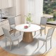 Grey fabric upholstered dining chairs with rubber wood frame, featuring vintage nailheads, perfect for rustic dining.
