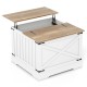 Farmhouse lift top coffee table in white with brown top, featuring hidden storage and hydraulic lifter for easy access.