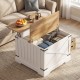 Farmhouse lift top coffee table in white with brown top, featuring hidden storage and a raised tabletop for convenience.