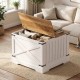Farmhouse lift top coffee table in white with brown top, featuring hidden storage and a sturdy hydraulic lifter for.