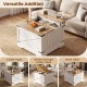 Farmhouse lift top coffee table in white and brown with hidden storage, ideal for home or office use.