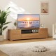 Farmhouse rustic TV stand in natural finish, featuring a spacious countertop for TVs up to 80 inches and media.