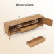 Dimensions of the Farmhouse Rustic TV Stand, featuring compartments, cabinets, and a drawer for media organization.