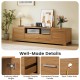 Farmhouse rustic TV stand in natural finish with two cabinets, drawer, and back cable hole for organized media storage.
