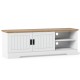 Farmhouse TV stand in white with wood top, featuring sliding doors, storage cabinets, and cable management for TVs up.