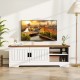 Farmhouse TV stand in white with sliding doors, designed for TVs up to 65 inches, featuring storage cabinets and.