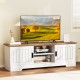 Farmhouse TV stand in white with a wooden top, featuring 3 adjustable shelves and sliding doors for stylish storage.