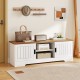 Farmhouse TV stand in white with wooden top, featuring sliding doors, storage cabinets, and cable management for TVs up.